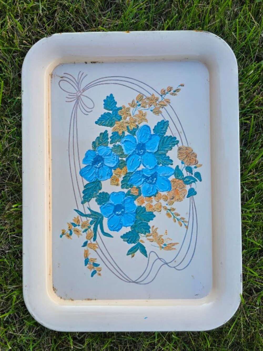 Vintage Blue Floral Metal Serving Tray Retro Cottagecore 17x12.5